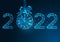 Happy New Year digital web banner template with futuristic glowing low polygonal 2022 number and festive clock