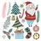 Happy New Year doodle set. Christmas cartoon stickers collection. Cute santa claus, trees, gift and other.