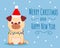 Happy New Year and ,erry Christmas greeting card. Cute card with pug puppy dog in red hat and garland. On blue