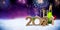 Happy new year eve 2021 number colorful fireworks with santa hat four leaf clover champagne bottle glass on snow front of red