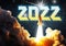 Happy New Year for an explosive and powerful 2022. Spaceship or rocket on mission to deal with the new year to hit all the goals.