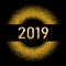 Happy New Year gold background. Golden number, circle, isolated black. Glitter, light sparkle, shimmer, shine confetti