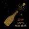 Happy new year. Gold glitter 2019. Champagne icon. Silhouette of a champagne bottle. Vector