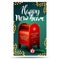 Happy New Year, green vertical postcard with garlands, beautiful lettering and Santa letterbox with presents
