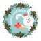 Happy New Year greeting card with a bunny and carrots in a Christmas wreath