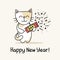 Happy New Year greeting card with cute cat that holds the slapstick in his hands. Funny flat vector animal illustration poster