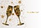 Happy New Year greeting card with gold drinking glasses. Holiday glowing background.