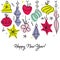 Happy new year greeting card with multicolored hand drawn holiday garland. Elegant vector illustration with retro decor