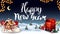 Happy New Year, greeting postcard with cartoon winter forest, starry sky, garland, beautiful lettering, Santa letterbox