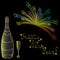 Happy New Year! Hand Drawn Golden Silhouettes of Bottle of Champagne, Wineglass and Colorful Firework on Black