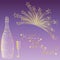 Happy New Year! Hand Drawn Golden Silhouettes of Bottle of Champagne, Wineglass and Firework. Perfect for Your Festive Design