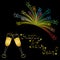 Happy New Year! Hand Drawn Golden Silhouettes of Wineglasses with Champagne and Colorful Firework on Black