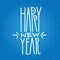 Happy New Year handdrawn white linear inscription on blue background. Modern calligraphy sign. Label for your web business retail