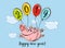 Happy New Year. Holiday card. The symbol of the new year 2019 is the Pig. Funny pig flies on balloons. The cartoon style