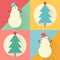 Happy New Year icon set of flat design: christmas tree and snowman pattern.