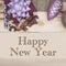 Happy new Year inscription with a giftbox and a pinecone