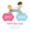 Happy New Year kids background, children running on the rainbow. between 2017 and 2018 years Colorful Vector Illustration