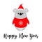 Happy New Year. Koala in red Santa hat, ugly sweater. Merry christmas. Kawaii animal. Cute cartoon bear baby character. Funny face