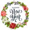 Happy New Year lettering banner for web or social media. Holiday greeting card template. Wreath, frame of winter plants, candy can