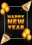 happy new year lettering card with cornets and balloons helium golden