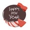 A happy new year lettering with fireworks and ribbon on brown background