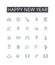 Happy new year line icons collection. Joyful New Year, Blissful New Year, Delighted New Year, Festive New Year, Cheerful