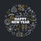 Happy New Year linear circular illustration - vector card