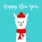 Happy New Year. Llama alpaca baby face neck. Santa Claus red hat, scarf. Cute cartoon funny kawaii character. Merry Christmas.