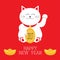 Happy New Year. Lucky white cat sitting and holding golden coin 2017 text. Chinese gold Ingot Japanese Maneki Neco kitten waving