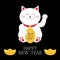 Happy New Year. Lucky white cat sitting and holding golden coin 2017 text. Chinese gold Ingot Japanese Maneki Neco kitten waving