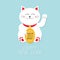 Happy New Year. Lucky white cat sitting and holding golden coin 2017 text. Japanese Maneki Neco kitten waving hand paw. Cute