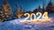 Happy New Year and Merry Christmas. Glowing numbers 2024 in the winter forest. AI-generated image