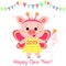 Happy New Year and Merry Christmas greeting card. A cute pig in a butterfly fairy costume holds a magic shelf, flags and