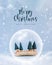 Happy New Year and Merry Christmas poster. Christmas scene with trees, glass snow globe and snow. Festive Christmas object.