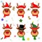 Happy New Year and Merry Christmas. Set of six cute reindeer head with different emotions in different Santa Claus hat
