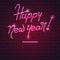 Happy New Year, neon purple text on brick wall background. 3D illustration,