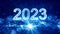 Happy New Year. The number 2023 stands out in the center of the image on a dark blue background with interconnected polygons,