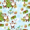 Happy new year pattern with Santa Claus, christmas tree, gifts, bell, stars, cock, rooster and snowman. Funny pattern on a blue ba