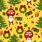 Happy new year pattern with Santa Claus, christmas tree, gifts, bell, stars, wreath. Funny pattern on a yellow background.