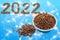 Happy new year for pets. Date 2022 and a round metal bowl full of crunchy dry food for dogs or cats on a blue background