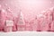 Happy New Year. Pink pastel castle, house, Christmas trees, decorative balloons, snow drifts, snowflakes on a pink