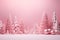 Happy New Year. Pink pastel Christmas trees, decorative balloons, snow drifts, snowflakes copy space. Holiday gift card