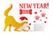 Happy New Year postcard template with the cute yellow dog ordering Christmas gifts on white background. The dog cartoon