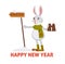 Happy New Year poster with bunny searching North Pole