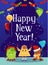 Happy New Year poster with cartoon monsters with festive decorations