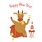 Happy New Year poster with a cute cheerful bull drinking champagne