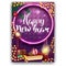 Happy New Year, purple greeting card for your creativity with Christmas presents. Modern purple template with neon circle