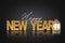 Happy new year realistic banner with 3d golden letters on glass surface with reflection and a lanrern or lamp