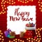 Happy New Year, red square greeting postcard with Christmas garland, white paper sheet and Santa Claus bag with presents