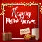 Happy New Year, red square postcard for your creativity with garland, white frame, present and cookies with a glass of milk